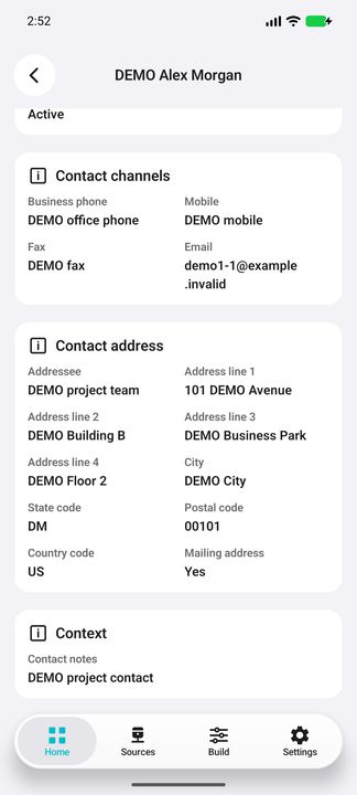 Contact Details continued: complete mailing address, mailing flag and contextual notes. — Native Cifru DEMO, wholly fictional data; not a real Vantagepoint connection test.