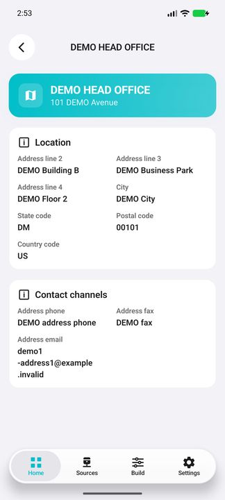 Complete HEAD OFFICE address Details: stored reference, four location lines, city/state/postal/country and contact channels. — Native Cifru DEMO, wholly fictional data; not a real Vantagepoint connection test.