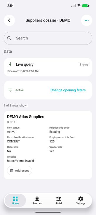 Complete supplier firm card with business number, status, classification, relationship, employee count, roles and website. — Native Cifru DEMO, wholly fictional data; not a real Vantagepoint connection test.