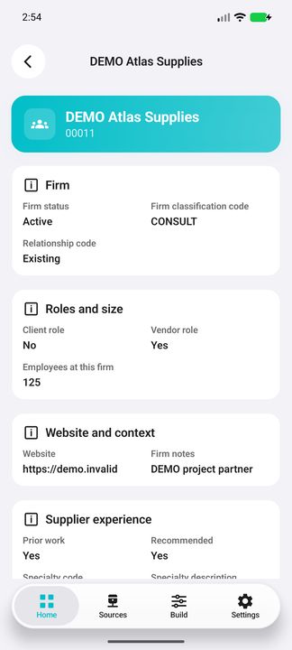 Supplier Details: firm identity, roles, size, website, notes and prior-work/recommendation flags; specialty continues below. — Native Cifru DEMO, wholly fictional data; not a real Vantagepoint connection test.