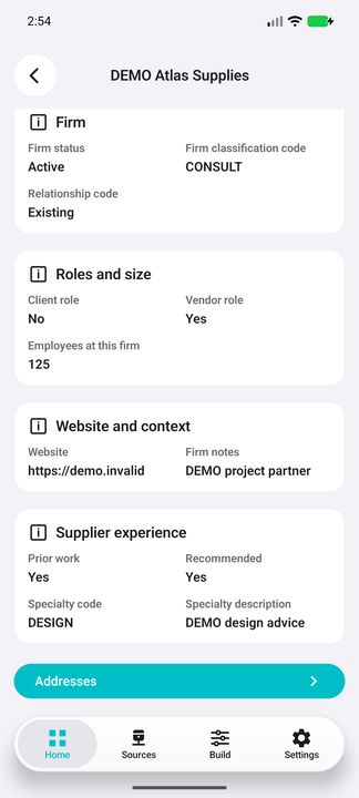 Supplier Details continued: complete specialty code/description and the on-demand address button. — Native Cifru DEMO, wholly fictional data; not a real Vantagepoint connection test.
