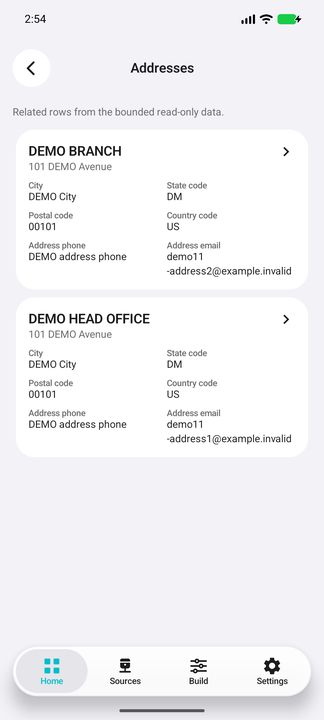Addresses: actual related-list contents and complete representative HEAD OFFICE address card. — Native Cifru DEMO, wholly fictional data; not a real Vantagepoint connection test.