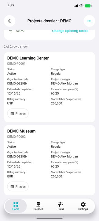 Complete representative project card: WBS business number, status/type, organization, manager, estimated completion/progress, billing currency and stored fee. — Native Cifru DEMO, wholly fictional data; not a real Vantagepoint connection test.