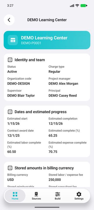 Project team and date/progress Details. The in-progress example has no actual completion date; that configured conditional field is not invented. — Native Cifru DEMO, wholly fictional data; not a real Vantagepoint connection test.