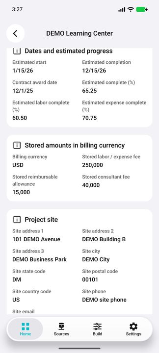 Project Details continued: stored fees and allowances in billing currency, then site address; email/context continue in the next frame. — Native Cifru DEMO, wholly fictional data; not a real Vantagepoint connection test.
