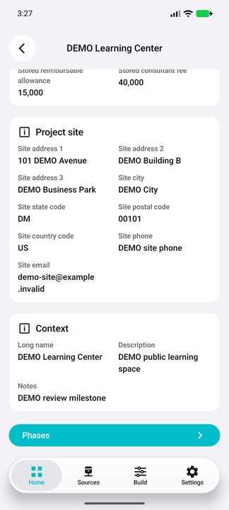 Project Details continued: complete site, contact channels, long name, description, notes and the actual Phases button. — Native Cifru DEMO, wholly fictional data; not a real Vantagepoint connection test.