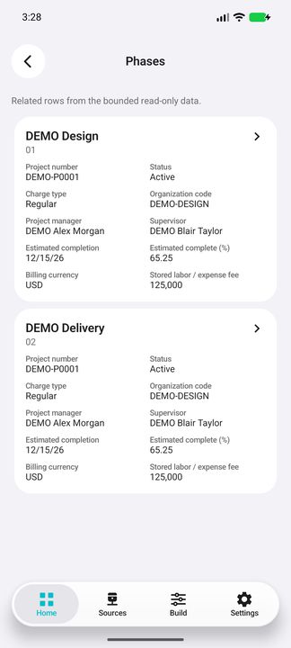 Actual Phases list with complete representative card, parent project number, organization, manager/supervisor, dates/progress, currency and stored fee. — Native Cifru DEMO, wholly fictional data; not a real Vantagepoint connection test.