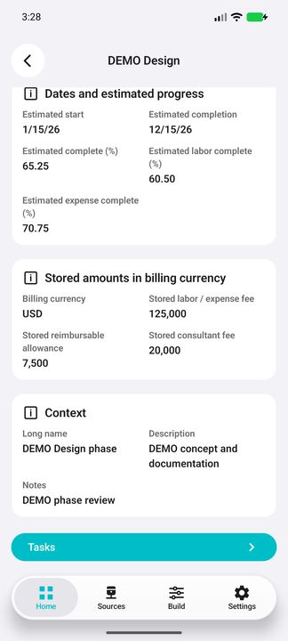 Phase Details continued: estimated start/completion/progress, billing-currency fees/allowance, complete context and the actual Tasks button. Identity/team are also shown on its own complete phase card. — Native Cifru DEMO, wholly fictional data; not a real Vantagepoint connection test.