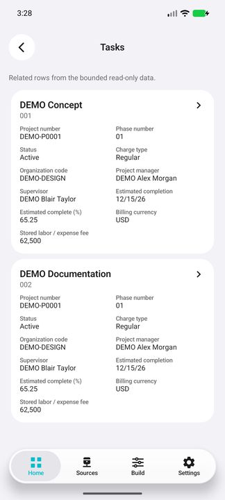 Actual Tasks list with complete representative card, project and phase business numbers, organization, manager/supervisor, dates/progress, currency and stored fee. — Native Cifru DEMO, wholly fictional data; not a real Vantagepoint connection test.