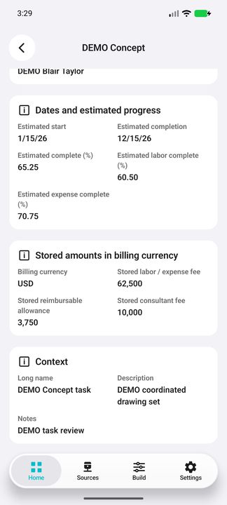 Task Details continued: estimated start/completion/progress, stored billing-currency amounts, full long name, description and notes. Identity/team are also shown on its own complete task card. — Native Cifru DEMO, wholly fictional data; not a real Vantagepoint connection test.