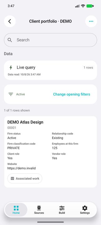 Complete representative client card with business number, status, client/vendor roles, size, website and the Associated work button. — Native Cifru DEMO, wholly fictional data; not a real Vantagepoint connection test.