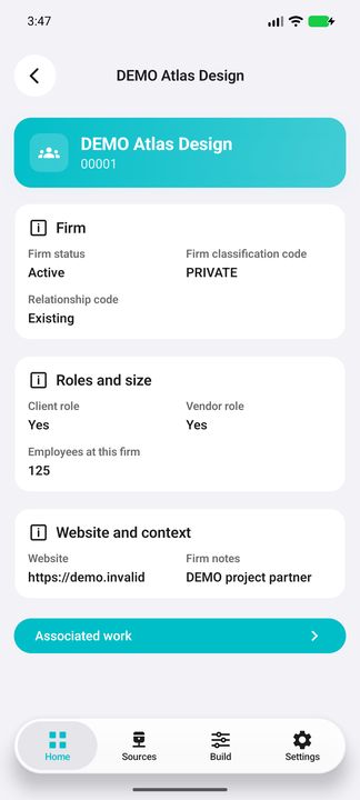 Complete client Details, all ten configured firm fields and the actual Associated work button. — Native Cifru DEMO, wholly fictional data; not a real Vantagepoint connection test.