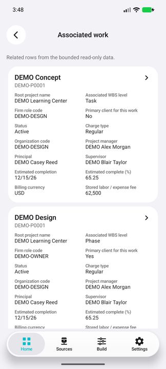 Actual Associated work list: complete representative task card, root project, firm role, primary-client flag, team, progress and billing currency/fee. The next phase card is only partially visible. — Native Cifru DEMO, wholly fictional data; not a real Vantagepoint connection test.