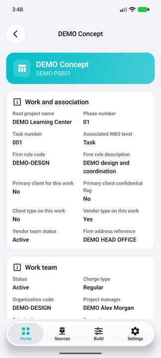 Associated work Details: project/phase/task business numbers, exact WBS level, firm role and description, primary/confidential flags, association types, vendor team status and address designation. — Native Cifru DEMO, wholly fictional data; not a real Vantagepoint connection test.