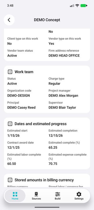 Associated work Details continued: complete work team and estimated dates/progress. Actual completion is blank for this in-progress example and remains a configured conditional field. — Native Cifru DEMO, wholly fictional data; not a real Vantagepoint connection test.