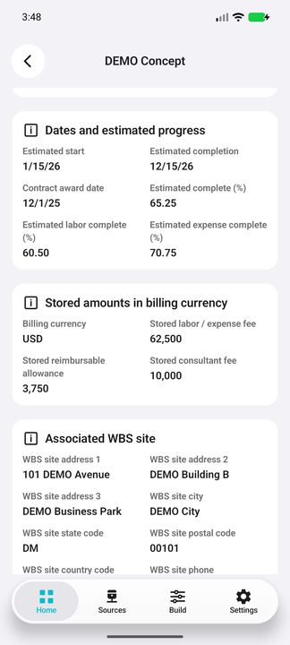 Associated work Details continued: estimated progress and stored fees/allowance in billing currency; WBS site continues below. — Native Cifru DEMO, wholly fictional data; not a real Vantagepoint connection test.