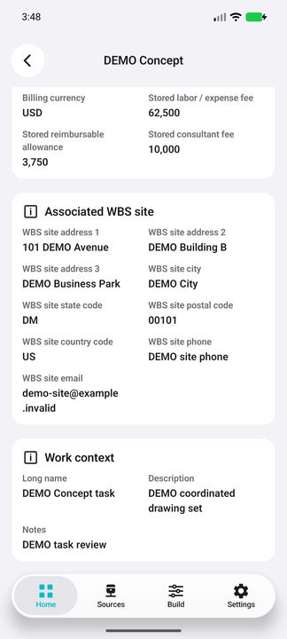 Associated work Details continued: complete WBS site, contact channels, long name, description and notes. — Native Cifru DEMO, wholly fictional data; not a real Vantagepoint connection test.