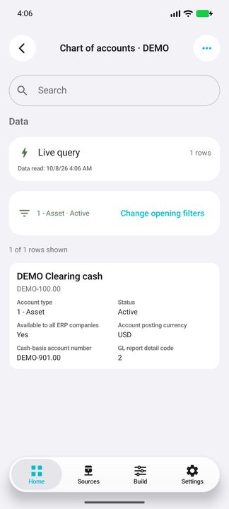 Complete representative account card with type/status opening selection, ERP company availability, posting currency, cash-basis account and native ledger report detail code. — Native Cifru DEMO, wholly fictional data; not a real Vantagepoint connection test.