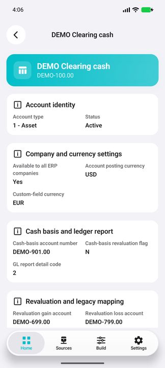Account Details: identity, company/currency context and cash-basis/report settings. Revaluation mappings continue in the next image. — Native Cifru DEMO, wholly fictional data; not a real Vantagepoint connection test.