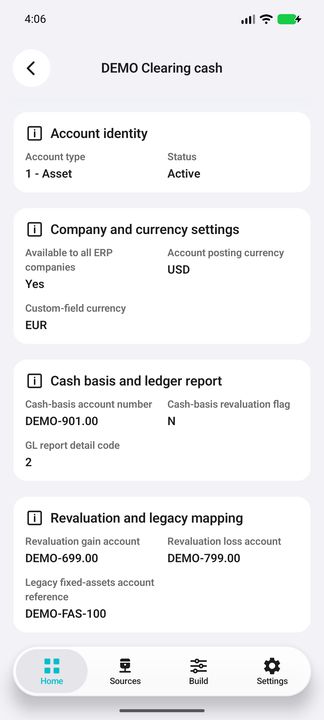 Account Details continued: complete revaluation gain/loss and legacy fixed-assets account references, with earlier settings visible for context. — Native Cifru DEMO, wholly fictional data; not a real Vantagepoint connection test.