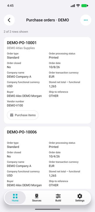 Complete representative purchase order card: processing/closed status, company, separate native currency contexts, stored net total, buyer and the Purchase items button. — Native Cifru DEMO, wholly fictional data; not a real Vantagepoint connection test.