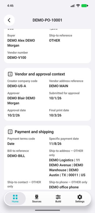 Order Details: creator company, vendor reference, approver and approval/print dates; payment and shipping continue in the next image. — Native Cifru DEMO, wholly fictional data; not a real Vantagepoint connection test.