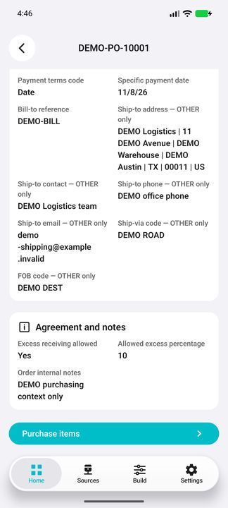 Order Details continued: complete stored shipping address/contact, payment date, permitted excess receiving and internal notes; Purchase items opens the actual scoped content. — Native Cifru DEMO, wholly fictional data; not a real Vantagepoint connection test.