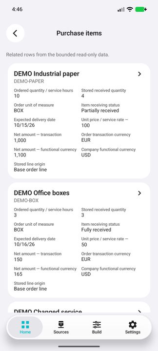 Actual Purchase items content: the complete representative card shows ordered/received quantities, delivery date, receiving status and transaction/functional amounts separately. — Native Cifru DEMO, wholly fictional data; not a real Vantagepoint connection test.