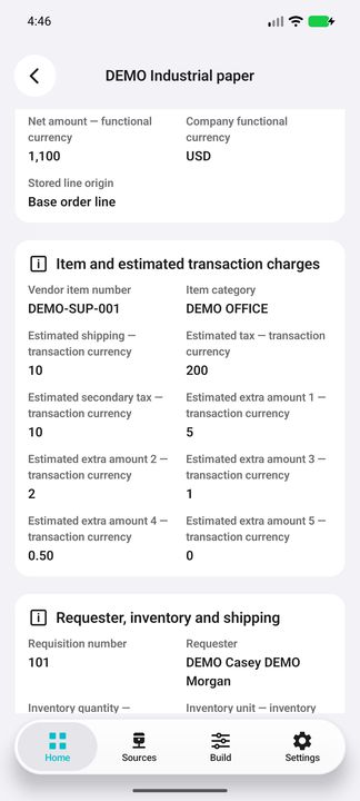 Item Details: vendor item/category and all stored estimated shipping, taxes and extra transaction-currency charges; no recomputed invoice or receipt total. — Native Cifru DEMO, wholly fictional data; not a real Vantagepoint connection test.