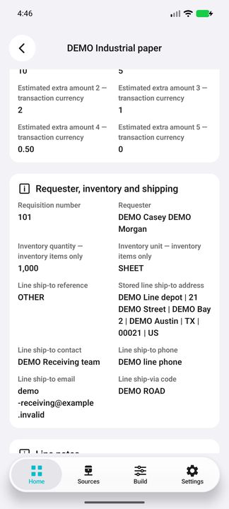 Item Details continued: requester, distinct inventory quantity/unit and stored line shipping address/contact. The line has its own address, not an invented inherited value. — Native Cifru DEMO, wholly fictional data; not a real Vantagepoint connection test.