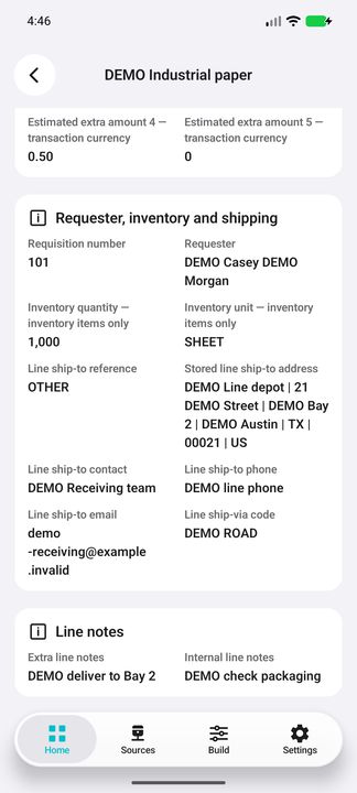 Item Details continued: complete line shipping contacts and both extra/internal notes, with inventory context visible above. — Native Cifru DEMO, wholly fictional data; not a real Vantagepoint connection test.