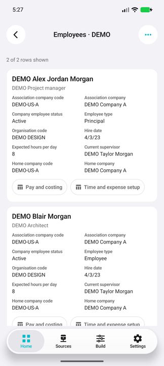 Complete representative employee card: job title, company/status/type, organisation, hire date, hours/day, supervisor, distinct home company and both sub-buttons. — Native Cifru DEMO; wholly fictional employees and amounts. Not a real Vantagepoint test.