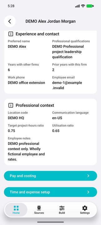 Professional dossier: complete qualifications, experience, work contact, language and stored ratios, full employee notes and both on-demand child buttons. — Native Cifru DEMO; wholly fictional employees and amounts. Not a real Vantagepoint test.