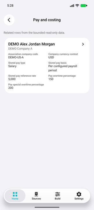 Actual Pay and costing content: the complete scoped card shows company currency context, stored pay type/basis/rate and two overtime reference percentages. This is not a monthly or net payslip. — Native Cifru DEMO; wholly fictional employees and amounts. Not a real Vantagepoint test.