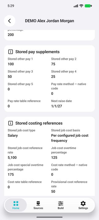 Pay Details: all five stored other-pay slots, native method/table references and next-raise date; separately stored job-cost terms continue below. — Native Cifru DEMO; wholly fictional employees and amounts. Not a real Vantagepoint test.