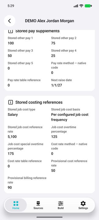 Pay/cost Details continued: the full distinct salaried job-cost basis/rate, overtime references, native cost method/table and provisional cost/billing rates. No computed payroll total. — Native Cifru DEMO; wholly fictional employees and amounts. Not a real Vantagepoint test.