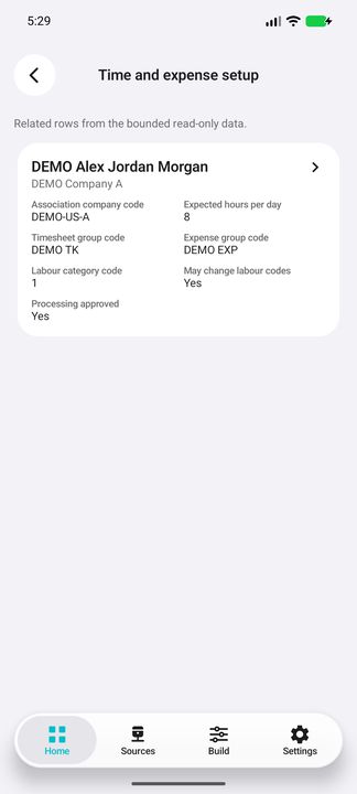 Actual Time and expense setup content: complete scoped card with expected hours, timesheet/expense groups, labour category and defaults/processing flags. These are setup values, not attendance history. — Native Cifru DEMO; wholly fictional employees and amounts. Not a real Vantagepoint test.