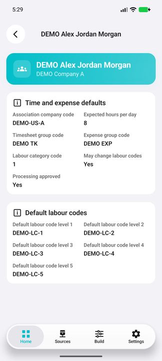 Complete Time and expense Details: company and defaults above, then all five native default labour-code levels, including the final value above navigation. — Native Cifru DEMO; wholly fictional employees and amounts. Not a real Vantagepoint test.