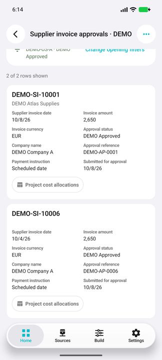 Complete approval card: supplier invoice/date, current vendor, recorded amount/currency, approval state, company, payment instruction and allocation sub-button. — Native Cifru DEMO; wholly fictional data. Not a real Vantagepoint test.