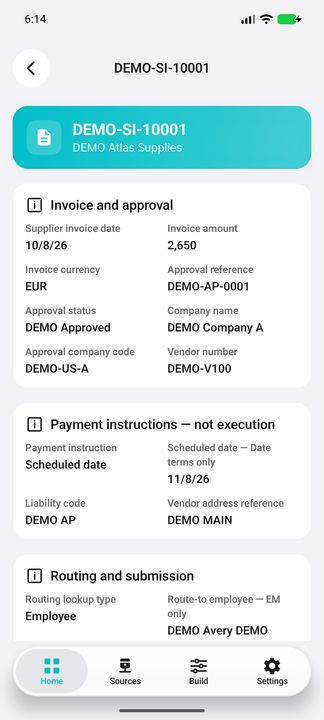 Invoice Details: amount and approval-company context, followed by payment instructions and the scheduled Date-term date. These are not executed payments. — Native Cifru DEMO; wholly fictional data. Not a real Vantagepoint test.