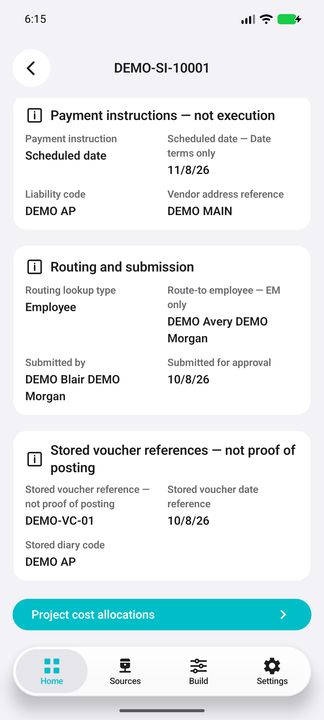 Approval Details continued: complete employee routing/submission information and stored voucher/diary references. References are not proof of posting. — Native Cifru DEMO; wholly fictional data. Not a real Vantagepoint test.
