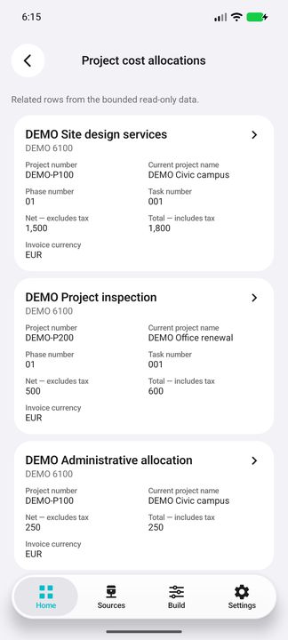 Actual allocation content: complete cards with project/phase/task, account, separate net and total amounts and invoice currency; no hidden technical IDs. — Native Cifru DEMO; wholly fictional data. Not a real Vantagepoint test.
