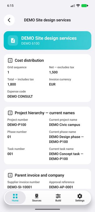 Allocation Details: grid sequence, net/total and expense code, then the complete current project/phase/task hierarchy and names. — Native Cifru DEMO; wholly fictional data. Not a real Vantagepoint test.