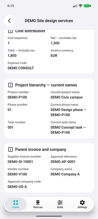 Allocation Details continued: the full parent invoice, approval, vendor and company context, with overlapping project hierarchy. — Native Cifru DEMO; wholly fictional data. Not a real Vantagepoint test.