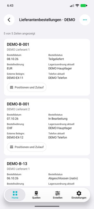 Vollständige Bestellkarte: Beleg, Datum, aktueller Lieferant, Status, Währung, Lagerzuordnung, externe Referenz, Telefon und Unterbutton. — Native Cifru-Ansicht; DEMO, vollständig erfundene Daten. Kein Test auf echtem ERP.