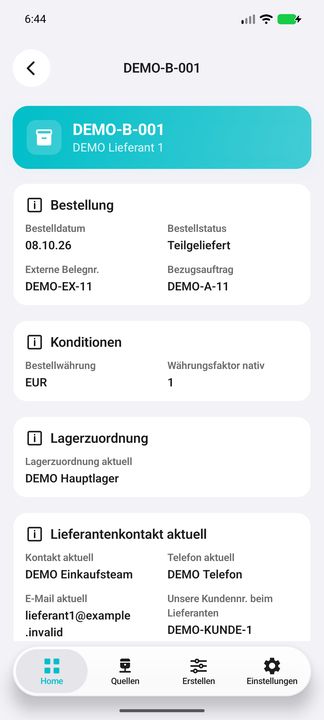 Bestelldetails: Belegreferenzen, native Währung/Faktor, Lagerzuordnung und Beginn des getrennten aktuellen Lieferantenkontakts. — Native Cifru-Ansicht; DEMO, vollständig erfundene Daten. Kein Test auf echtem ERP.