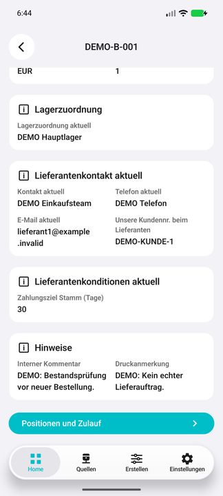 Bestelldetails fortgesetzt: aktueller Kontakt, unsere Kundennummer beim Lieferanten, Stamm-Zahlungsziel und vollständige Hinweise. — Native Cifru-Ansicht; DEMO, vollständig erfundene Daten. Kein Test auf echtem ERP.