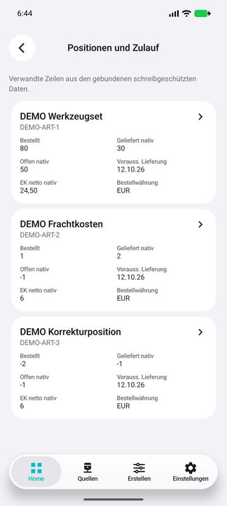 Tatsächlicher Unterbutton-Inhalt: vollständige Positionskarten mit Bestellt, Geliefert, Offen, erwartetem Datum und Preis/Währung; negative Mengen bleiben erhalten. — Native Cifru-Ansicht; DEMO, vollständig erfundene Daten. Kein Test auf echtem ERP.