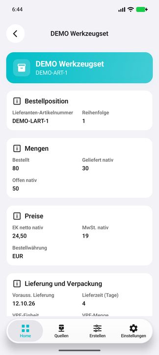 Positionsdetails: Lieferanten-Artikelnummer, Reihenfolge, native Mengen/Preise und Beginn von Liefertermin und Verpackung. — Native Cifru-Ansicht; DEMO, vollständig erfundene Daten. Kein Test auf echtem ERP.