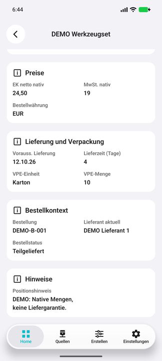 Positionsdetails fortgesetzt: Lieferzeit, VPE, exakter Bestell-/Lieferanten-/Statuskontext und vollständiger Positionshinweis. — Native Cifru-Ansicht; DEMO, vollständig erfundene Daten. Kein Test auf echtem ERP.